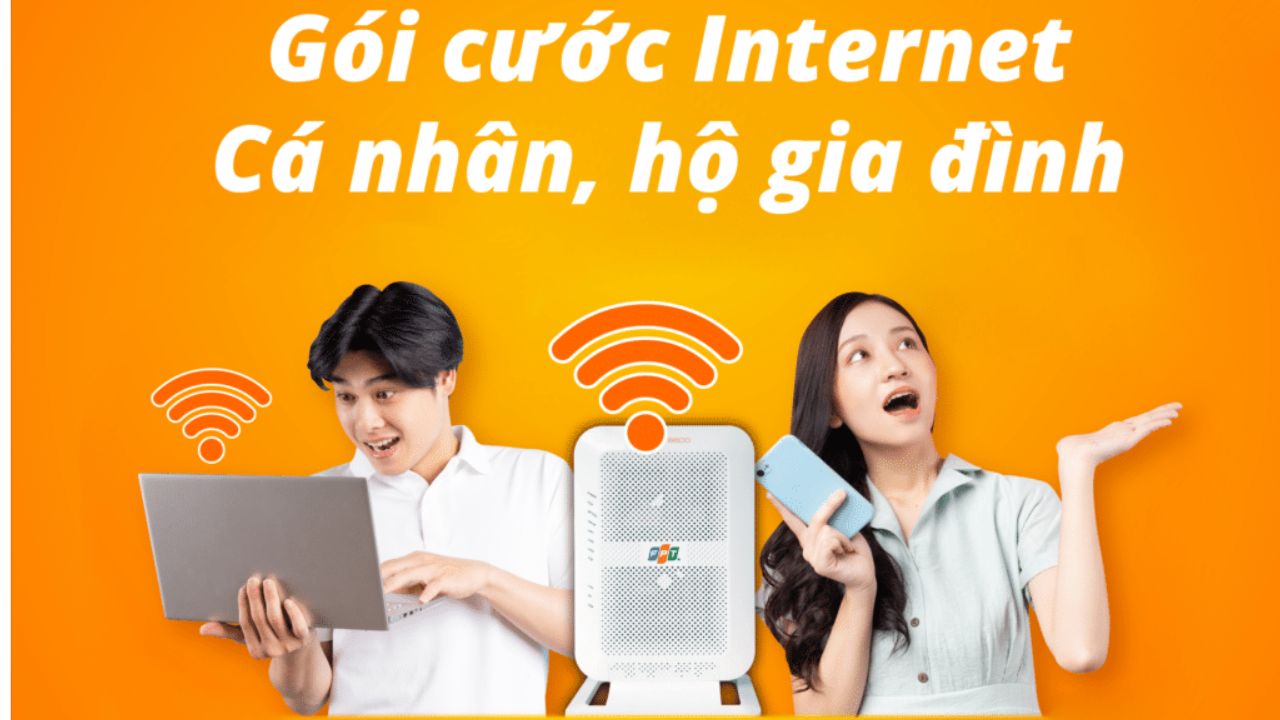 Gói Internet cá nhân cho hộ gia đình với modem Wi-Fi FPT và người dùng sử dụng laptop, điện thoại