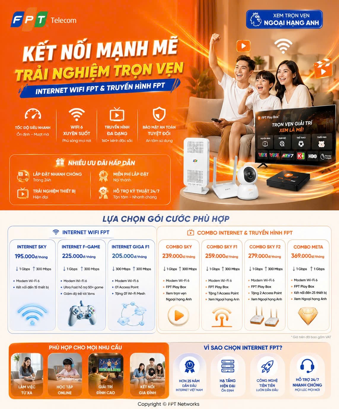 Banner FPT Networks giới thiệu Internet WiFi và truyền hình FPT Telecom với kết nối mạnh mẽ, gia đình giải trí cùng các gói cước tốc độ cao.